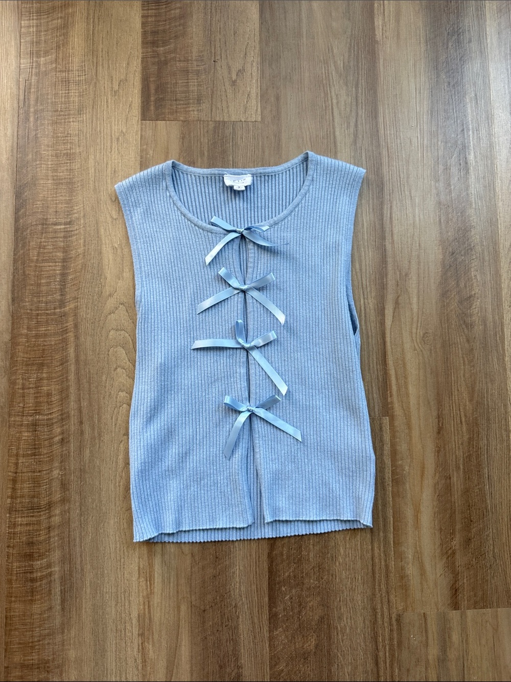 Le Lis Light Blue Ribbed Tank with Front Ribbon Bows